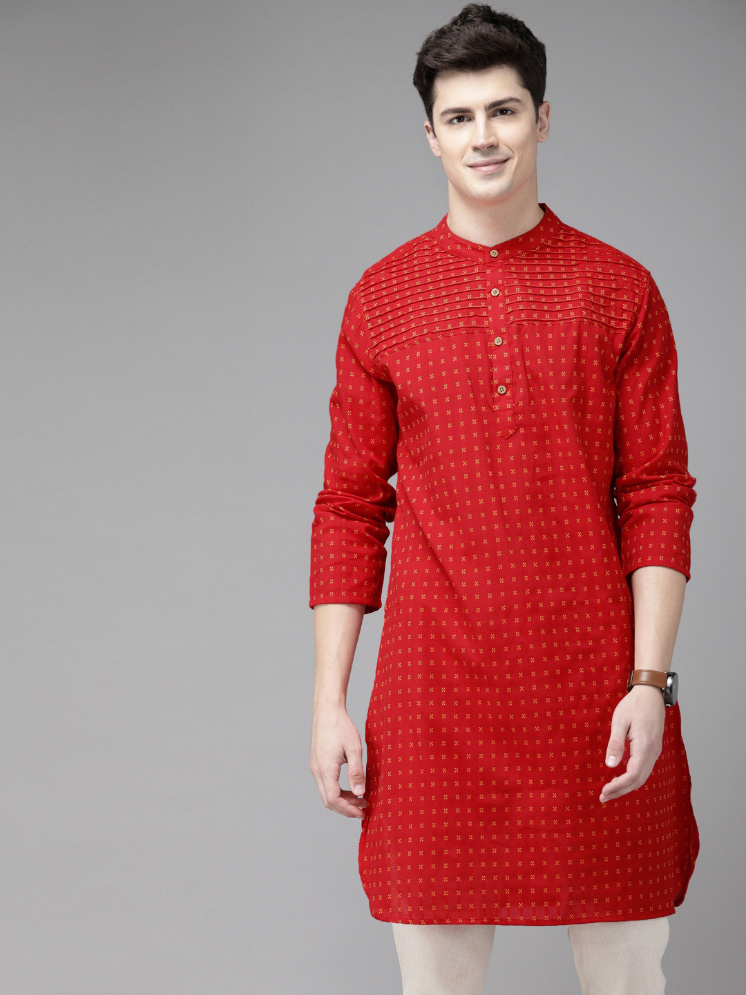 Anouk Men Red Woven Design Straight Short Kurta