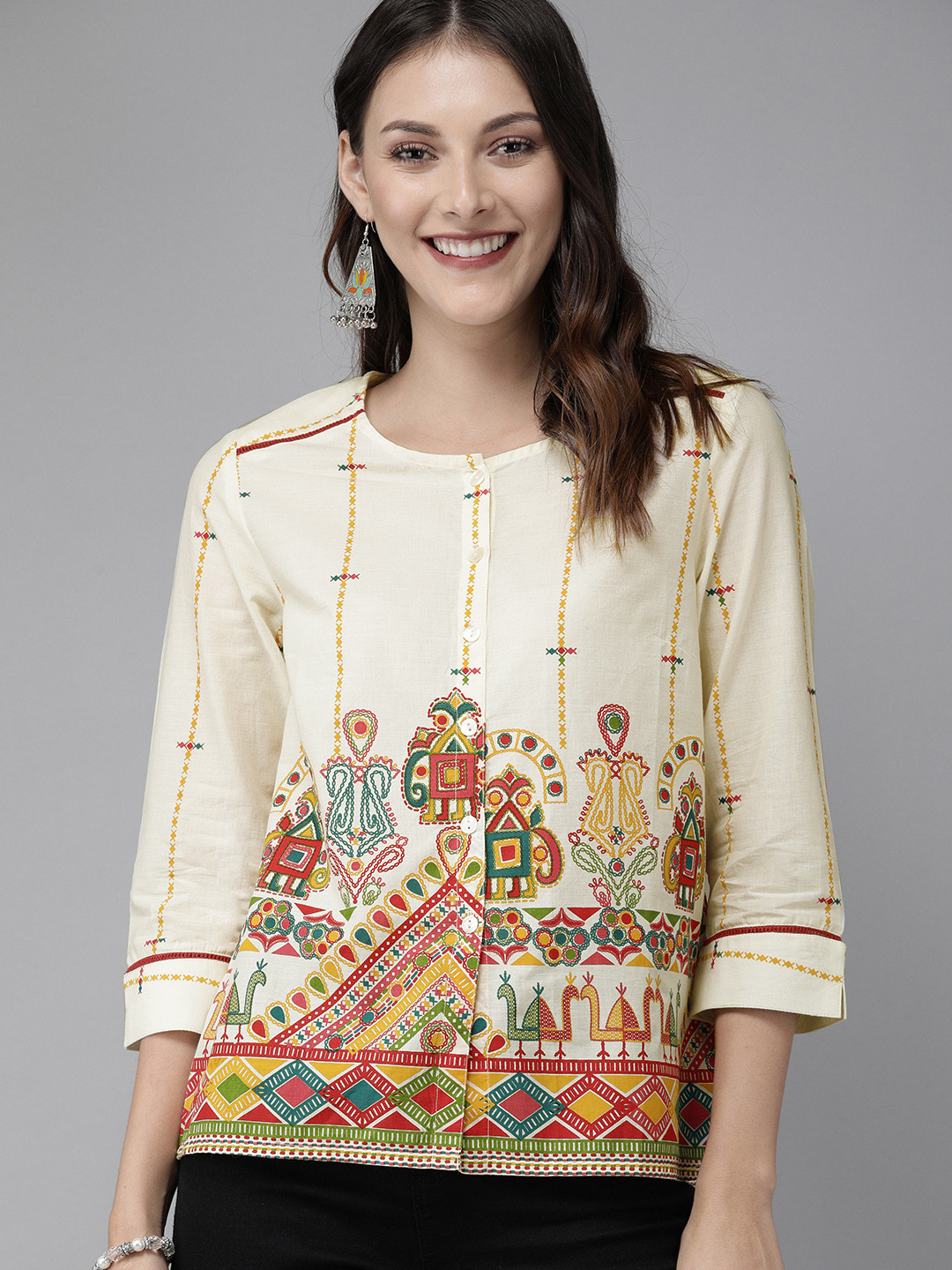 Anouk Beige & Red Antiviral Finish Ethnic Motifs Anti-Viral  Cotton Top