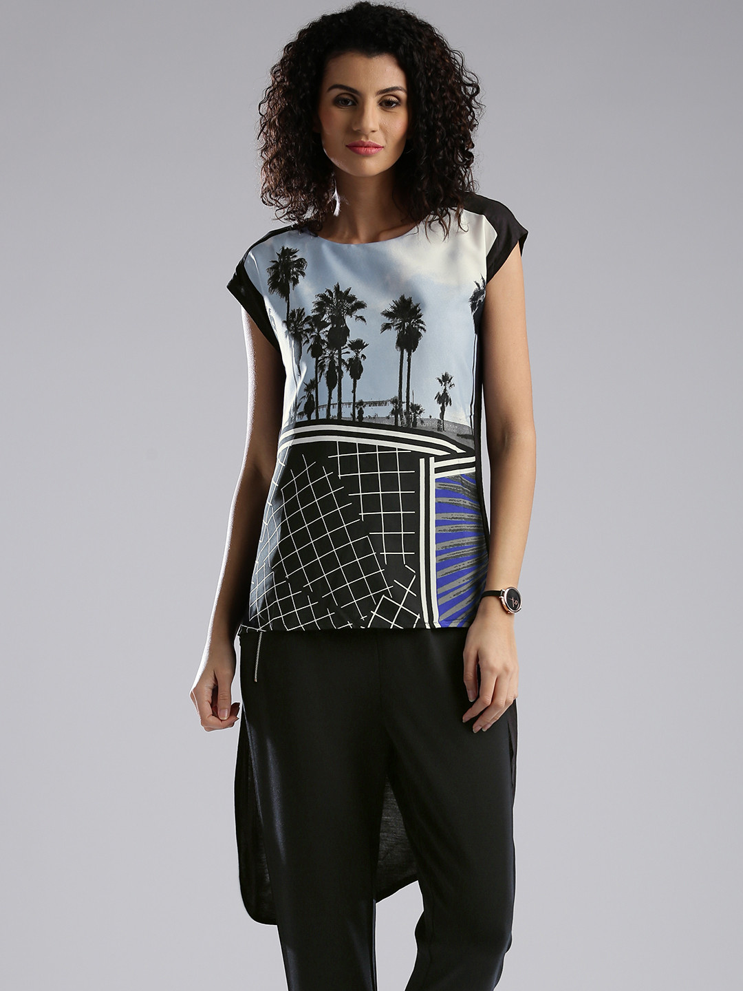 W Black Printed High-Low Top