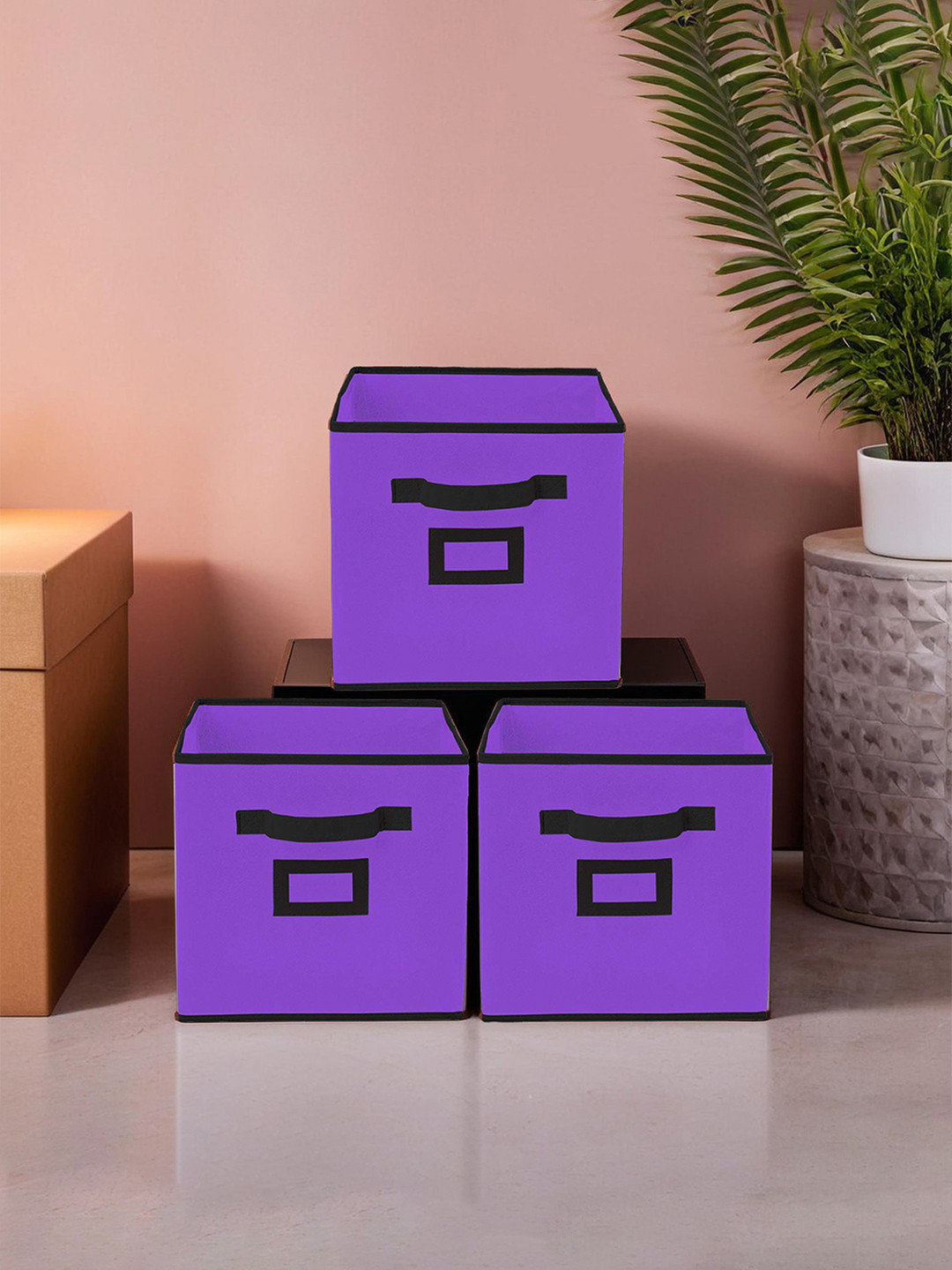 Kuber Industries Set Of 3 Purple Solid Large Foldable Storage Boxes With Handle Replacement Drawer