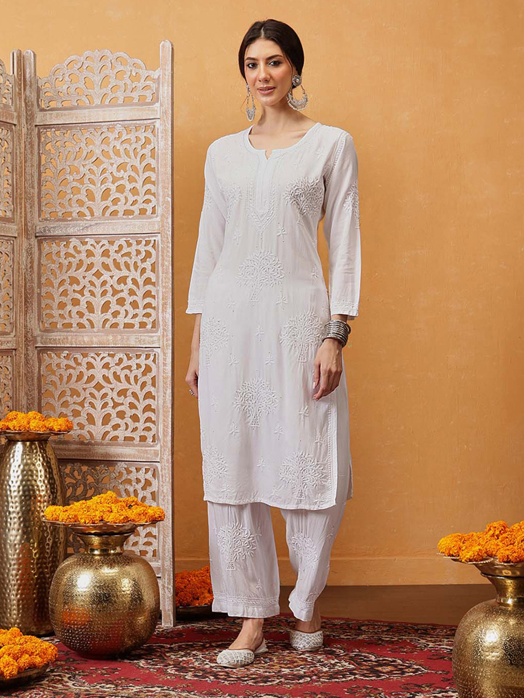 ADA Women White Chikankari Embroidered Sustainable Kurta with Palazzos