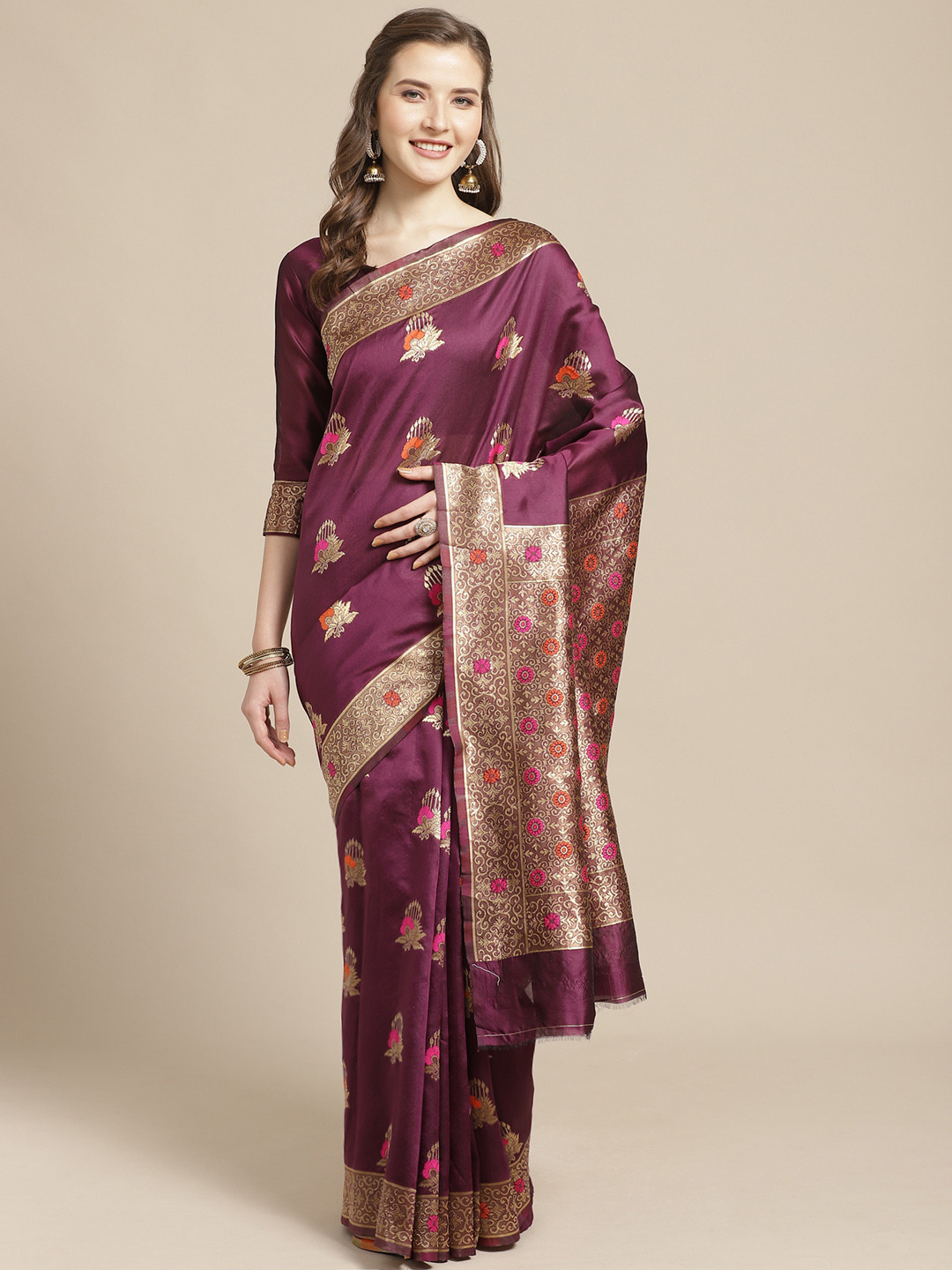 Saree mall Wine-Coloured & Golden Woven Design Banarasi Saree