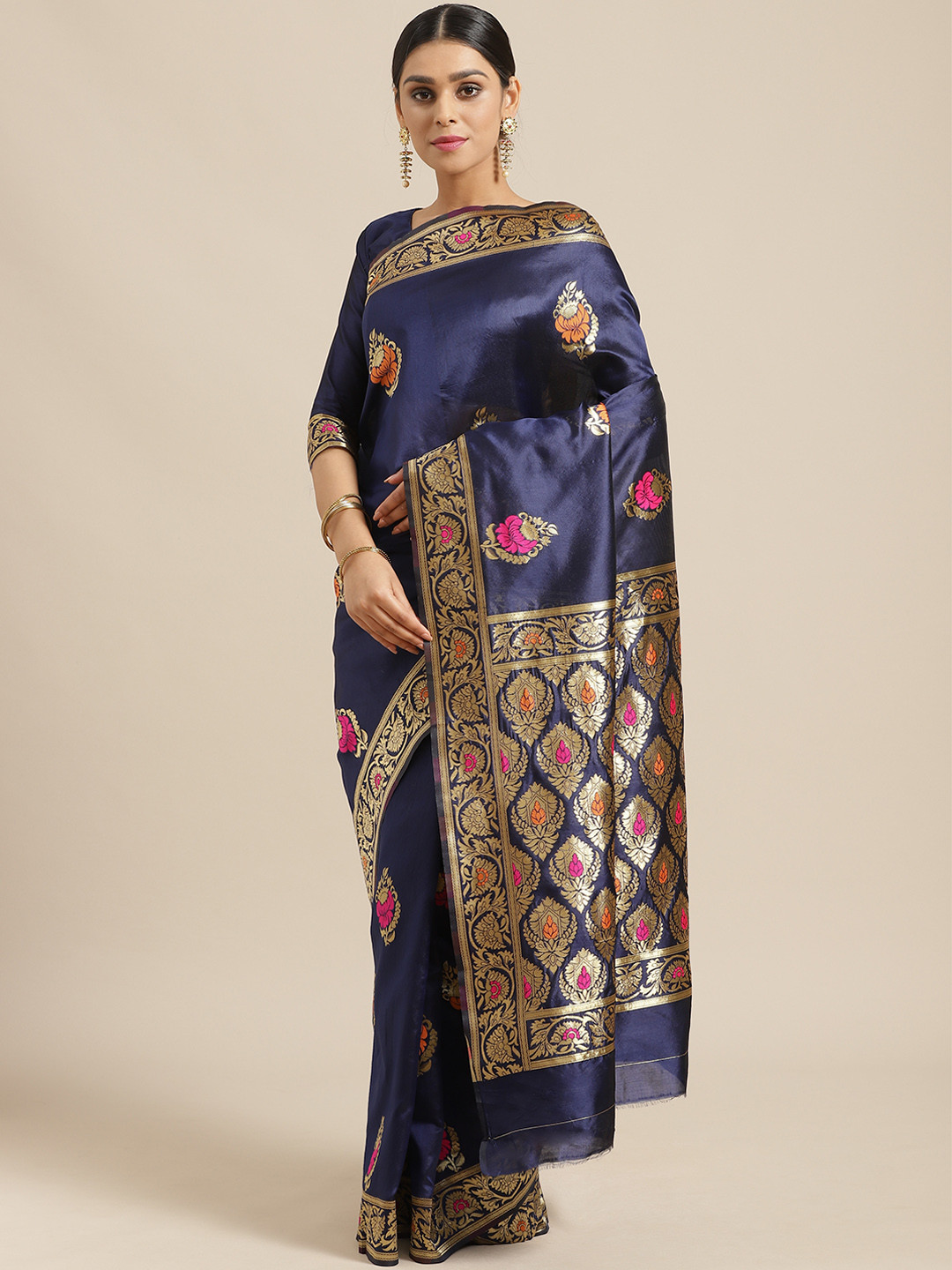 Saree mall Navy Blue & Golden Woven Design Banarasi Saree