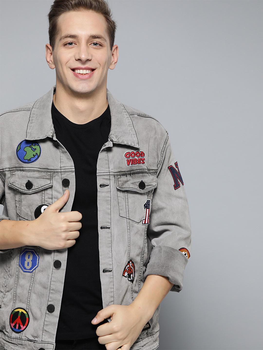 HERE&NOW Men Grey Solid Denim Jacket with Applique Detail