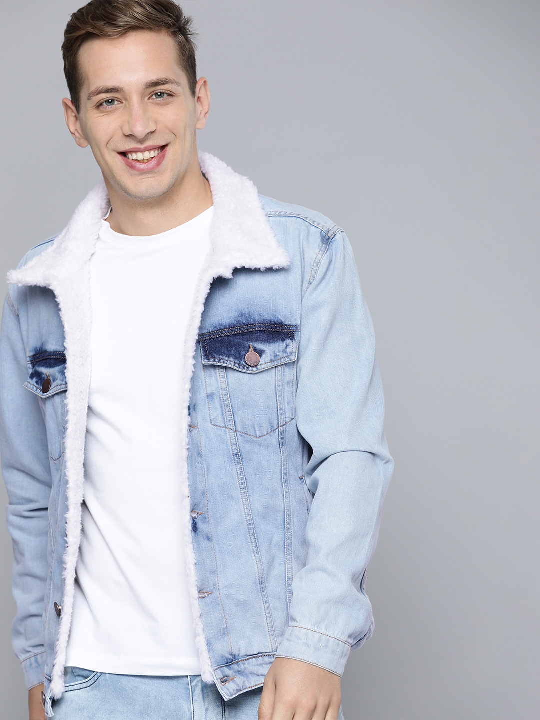 Faux fur denim jacket mens store