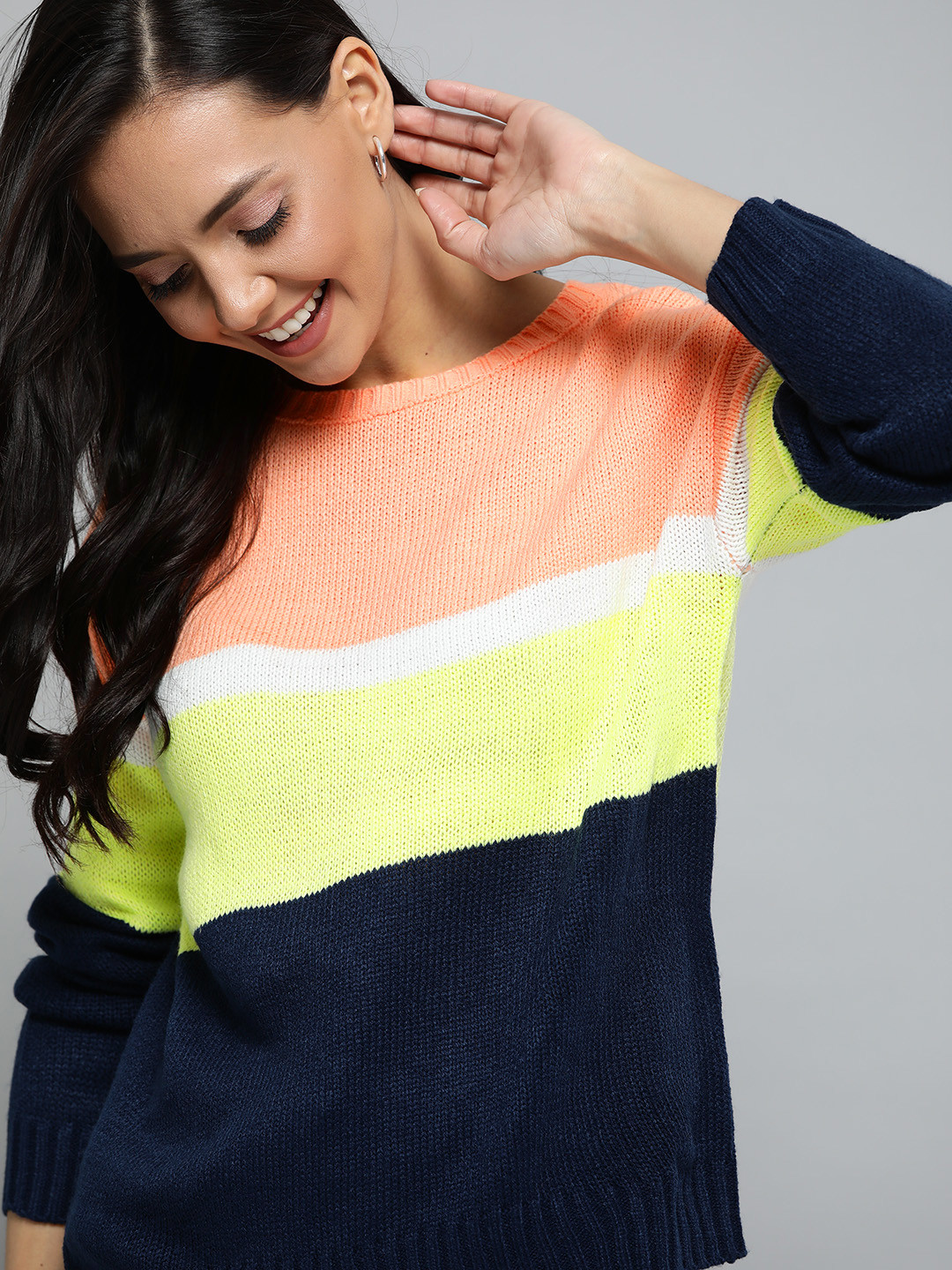 Mast & Harbour Women Navy Blue & Lime Green Colourblocked Pullover Sweater