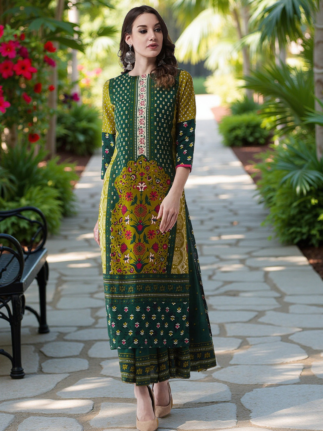 Pannkh Women Green & Yellow Printed A-Line Kurta