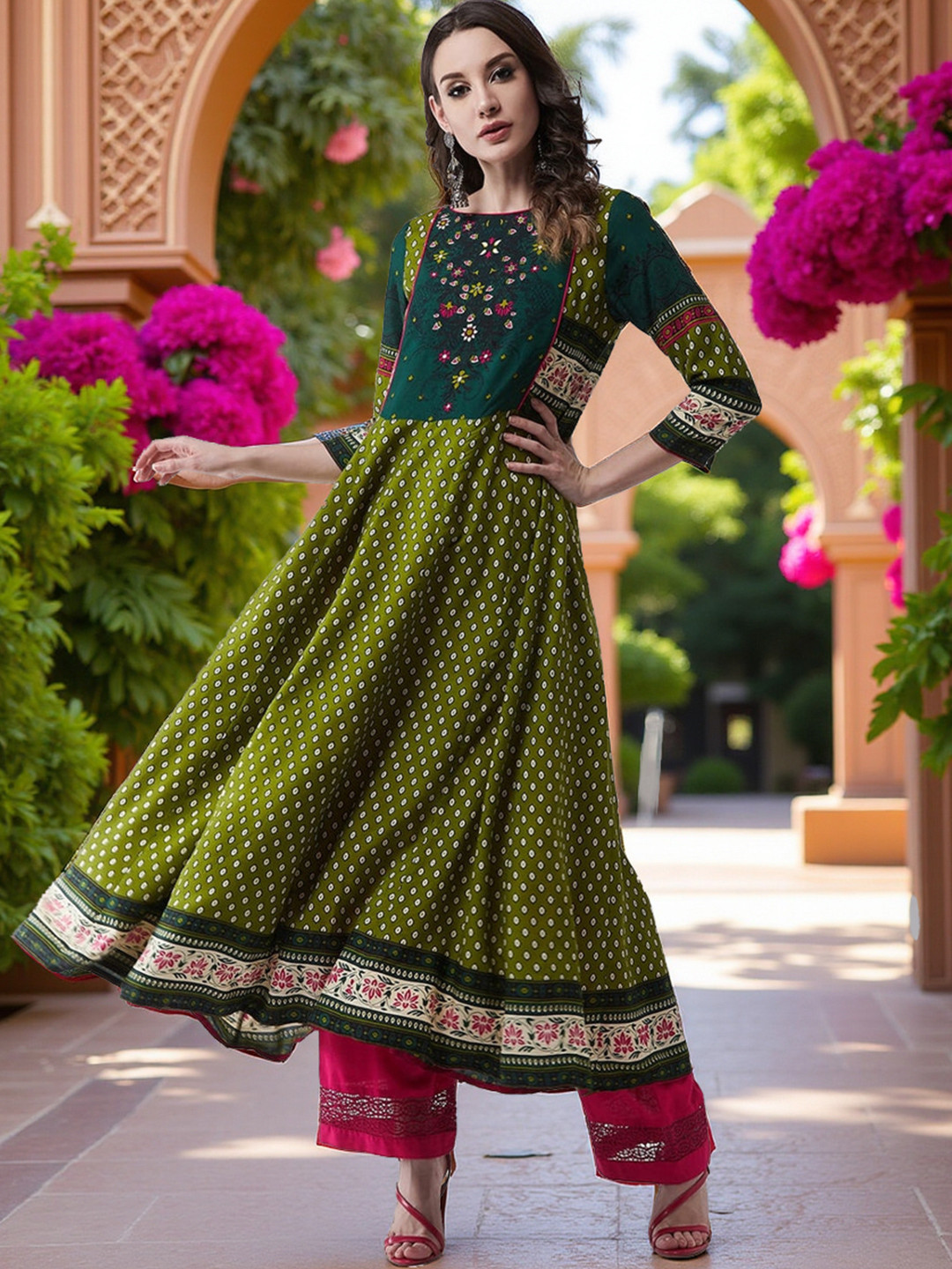 Pannkh Women Green & White Floral Printed Anarkali Kurta