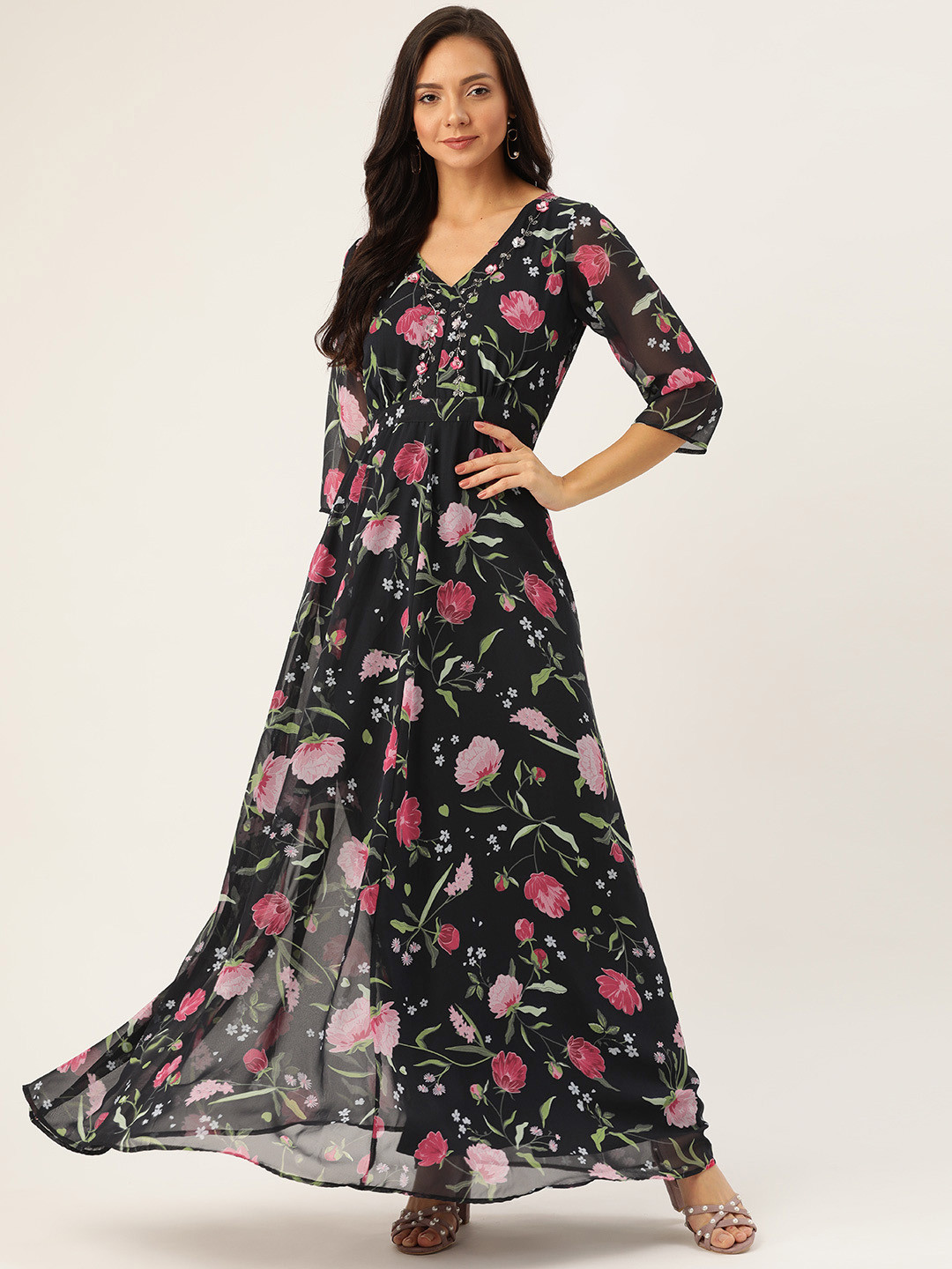 Antheaa Women Black & Pink Floral Print & Embellished Maxi Dress