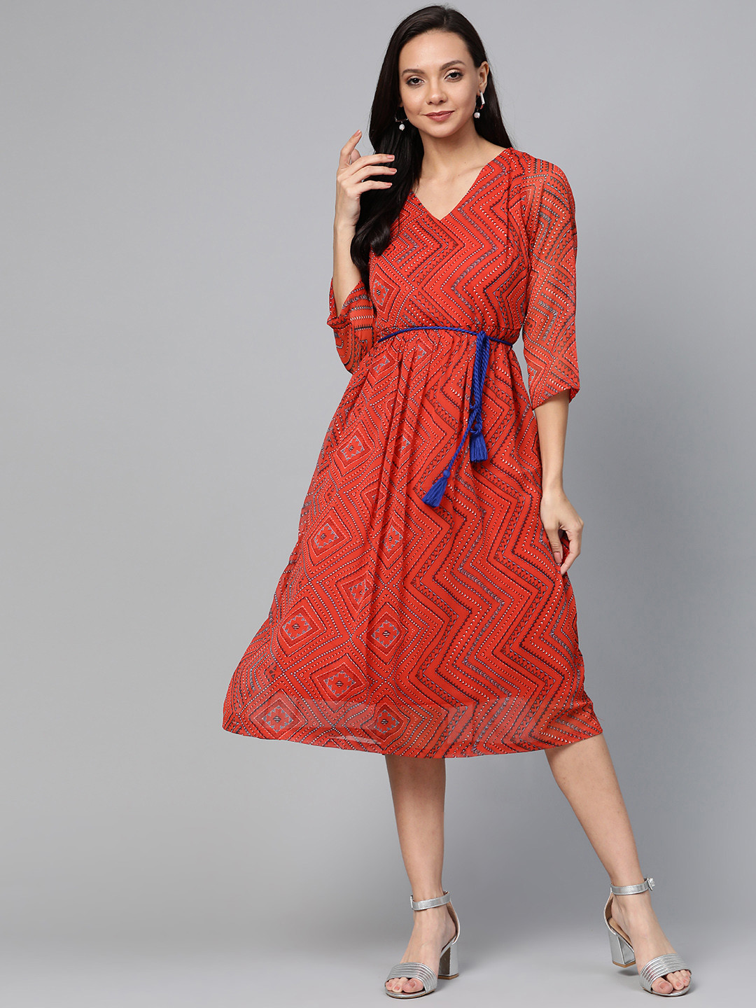 plusS Women Red & Blue Printed A-Line Dress