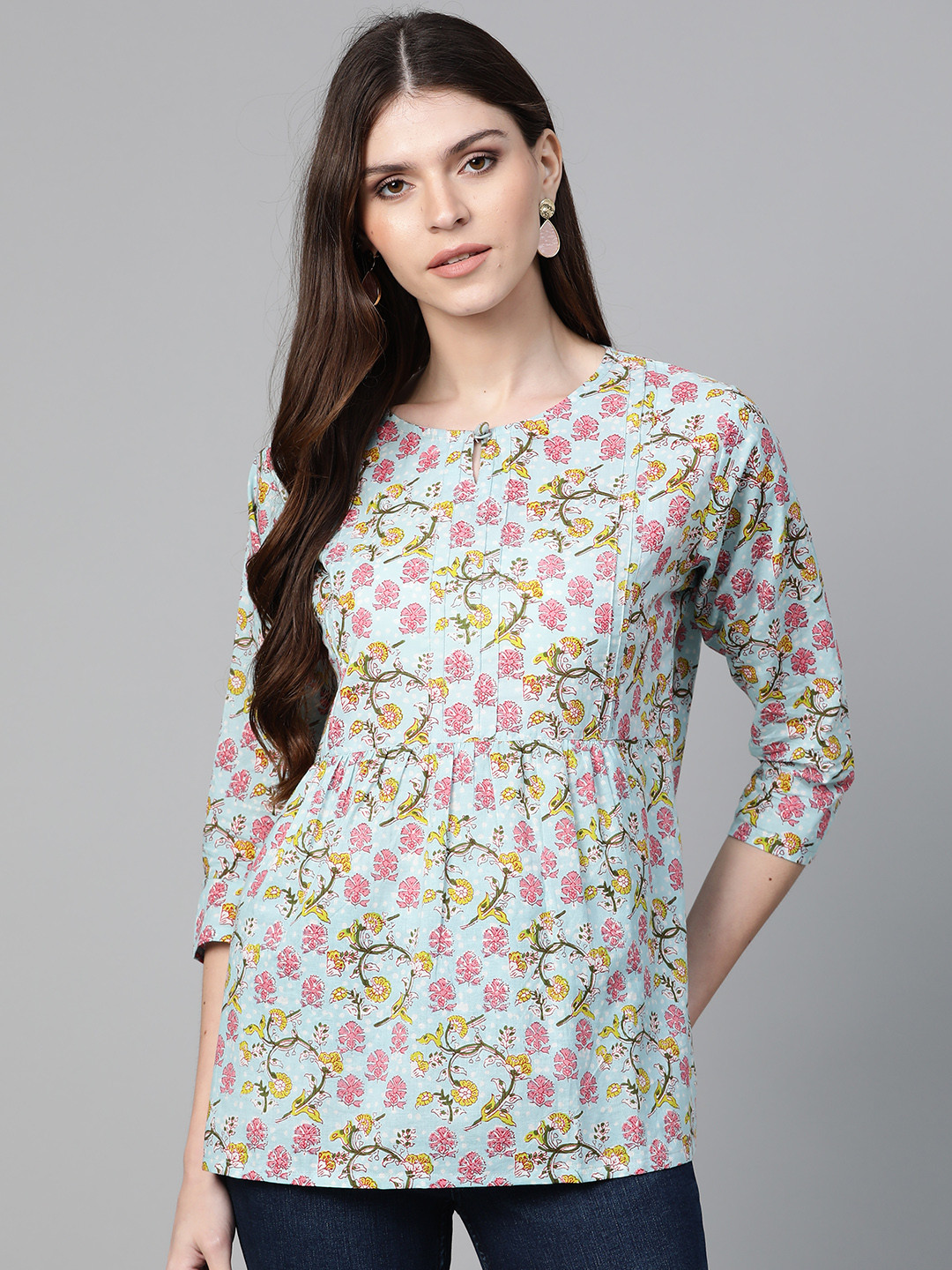 Bhama Couture Women Blue & Pink Floral Print A-Line Pure Cotton Top