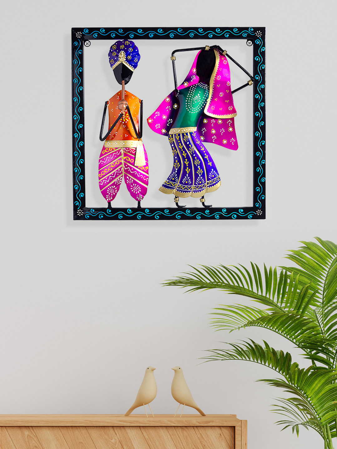 Golden Peacock Musician Frame Metal Ethnic Motifs Glossy Hanging Hall Wall Hangings-14.3In
