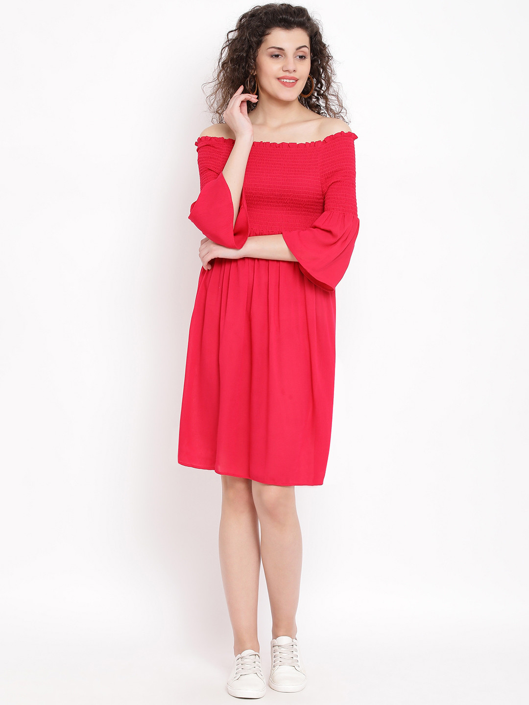 Oxolloxo Women Red Solid Off Shoulder Fit and Flare Dress