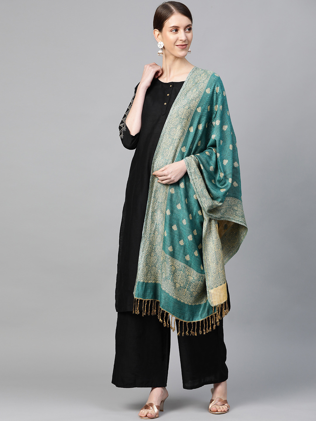 WEAVERS VILLA Women Green & Beige Woven Design Tasselled Stole