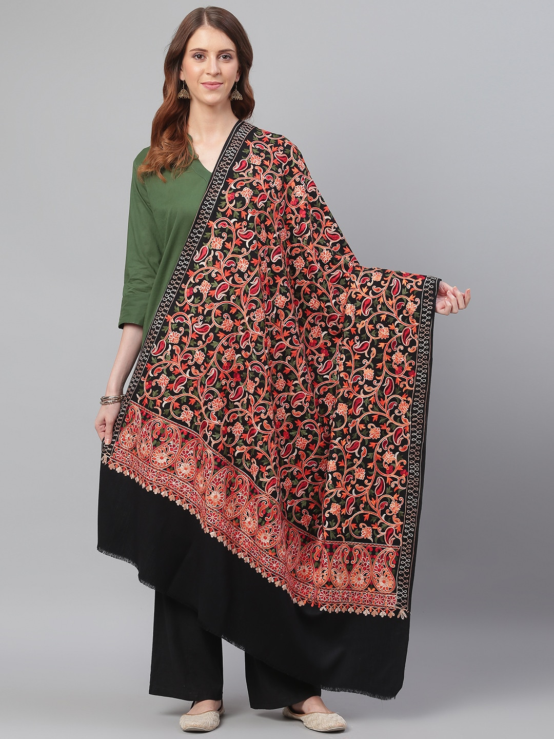 WEAVERS VILLA Women Black & Orange Embroidered Shawl
