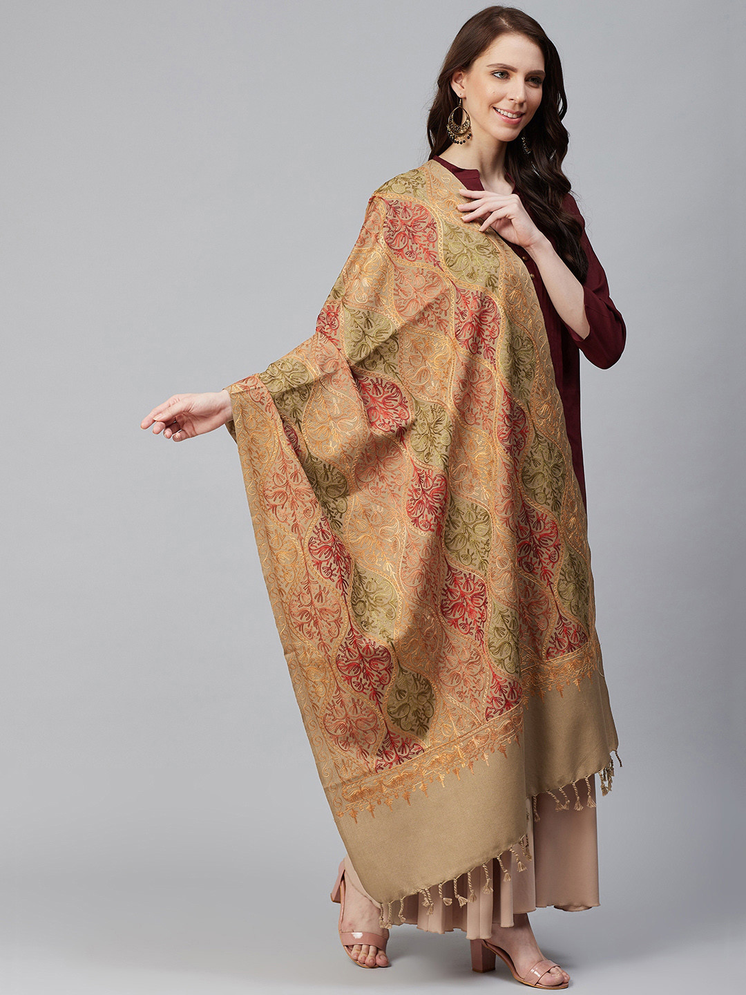 WEAVERS VILLA Women Beige & Red Embroidered Shawl