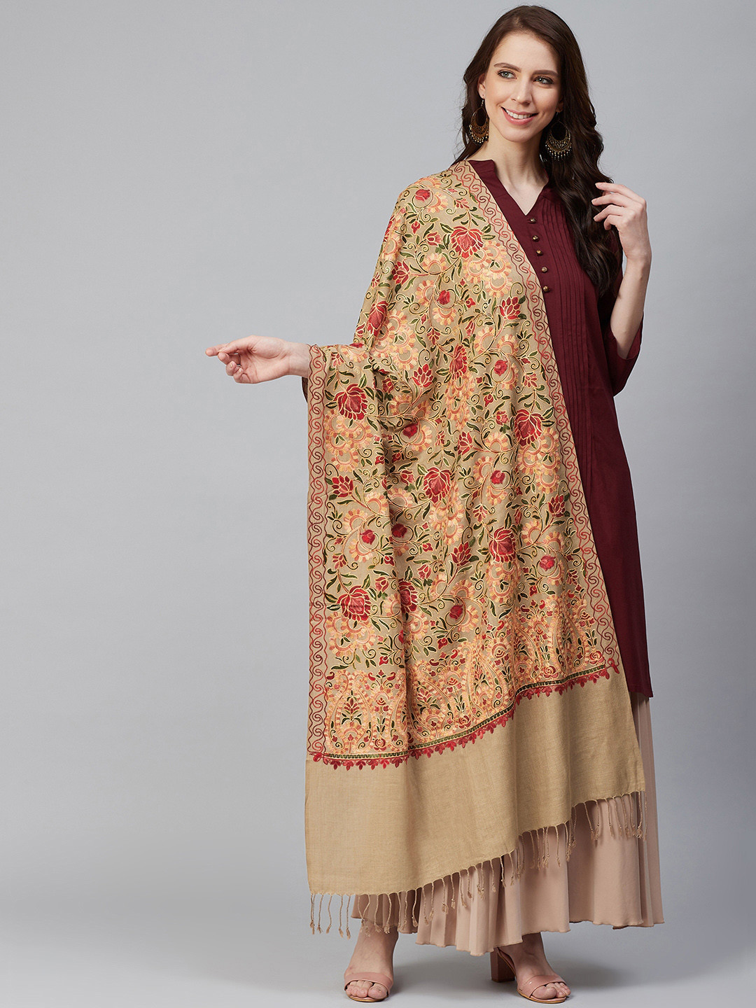 WEAVERS VILLA Women Beige & Red Embroidered Shawl