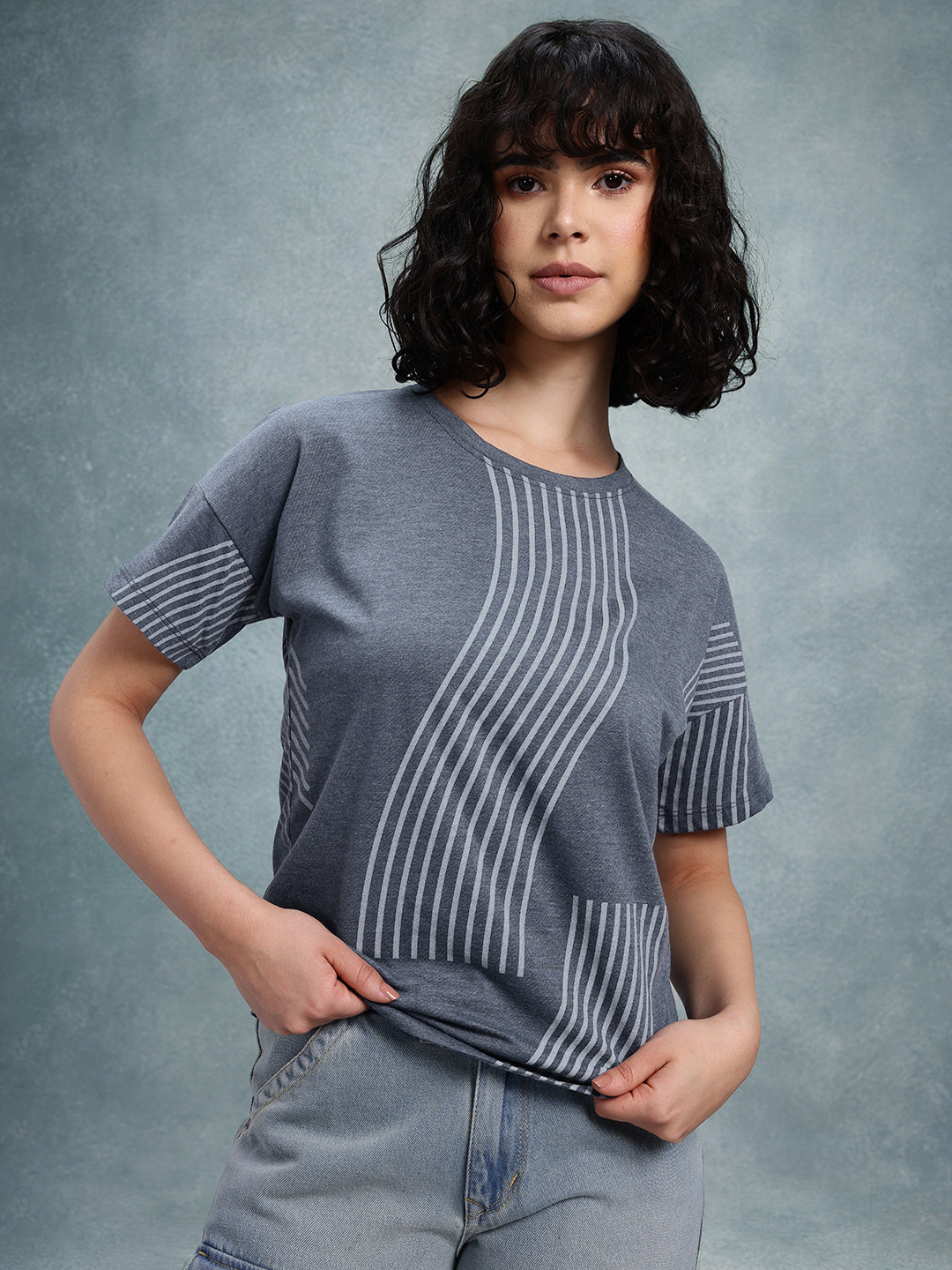 The Roadster Life Co. Striped Drop-Shoulder Sleeves Relaxed Fit T-shirt