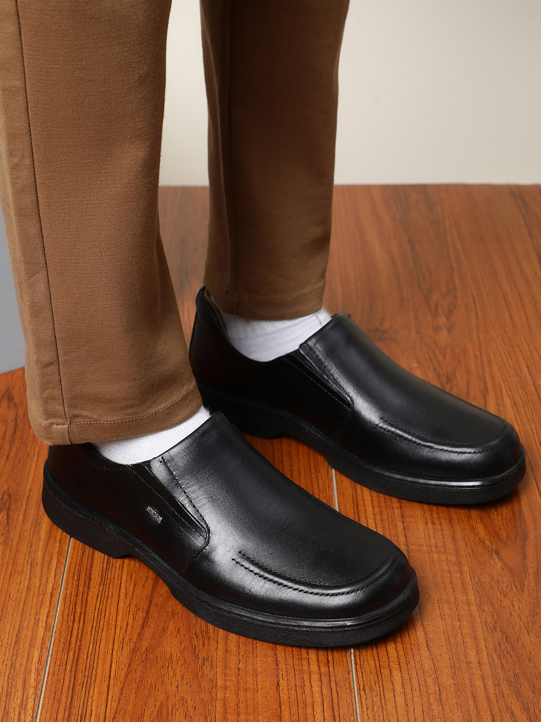 Liberty Men Black Solid Leather Formal Slip-Ons