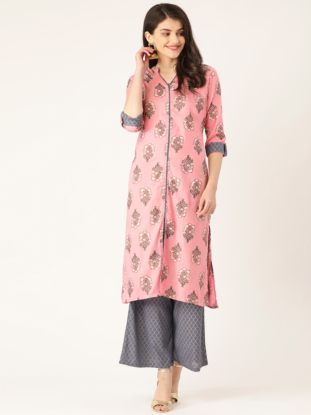 RANGMAYEE Women Pink & Charcoal Grey Printed Kurta with Palazzos