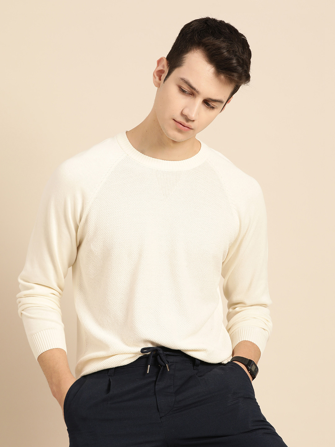 Mr Bowerbird Men Off-White Tailored Fit Self-Design Pullover