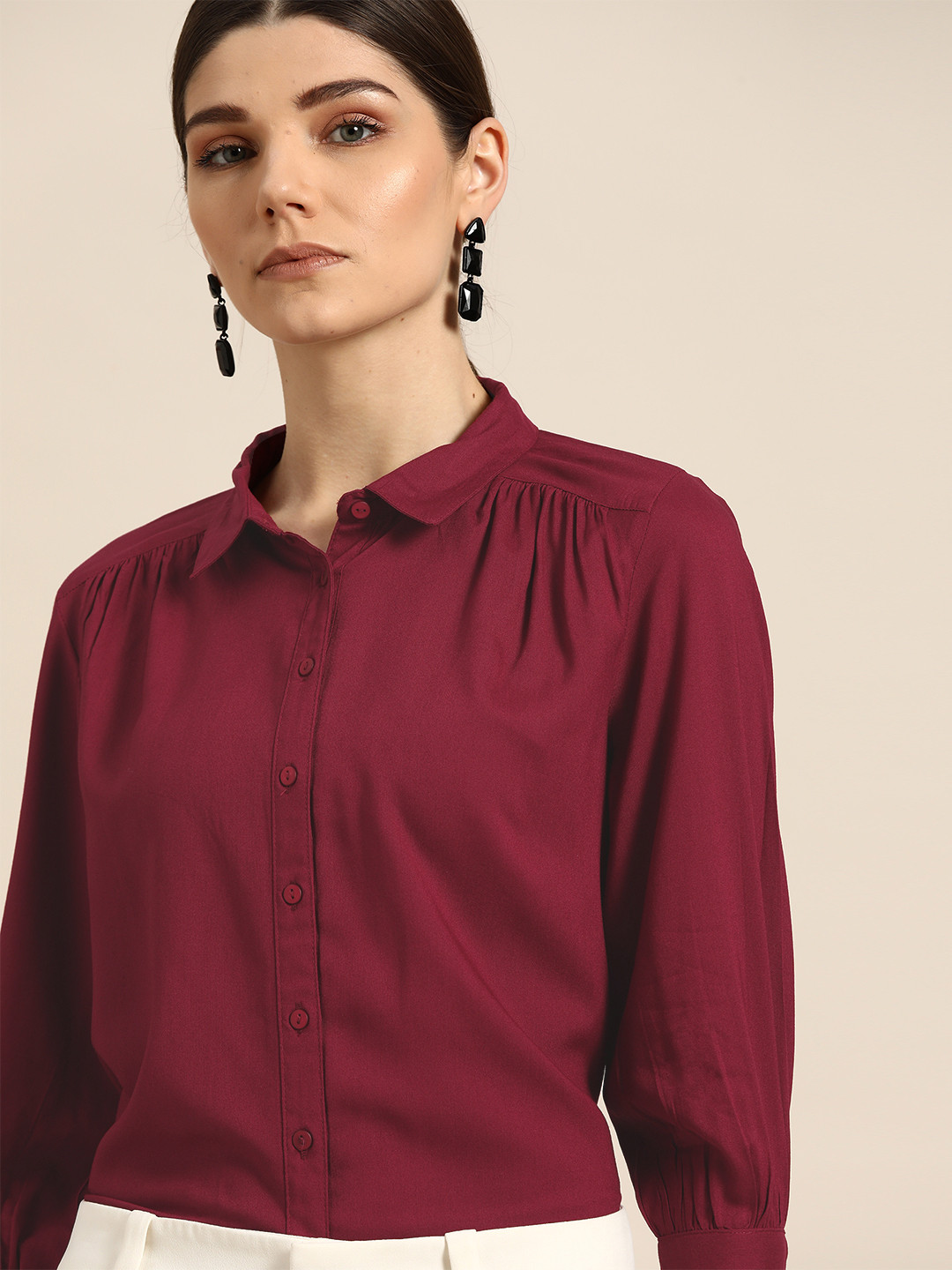 her by invictus Women Maroon Regular Fit Solid  Smart Casual ECOVERO Shirt