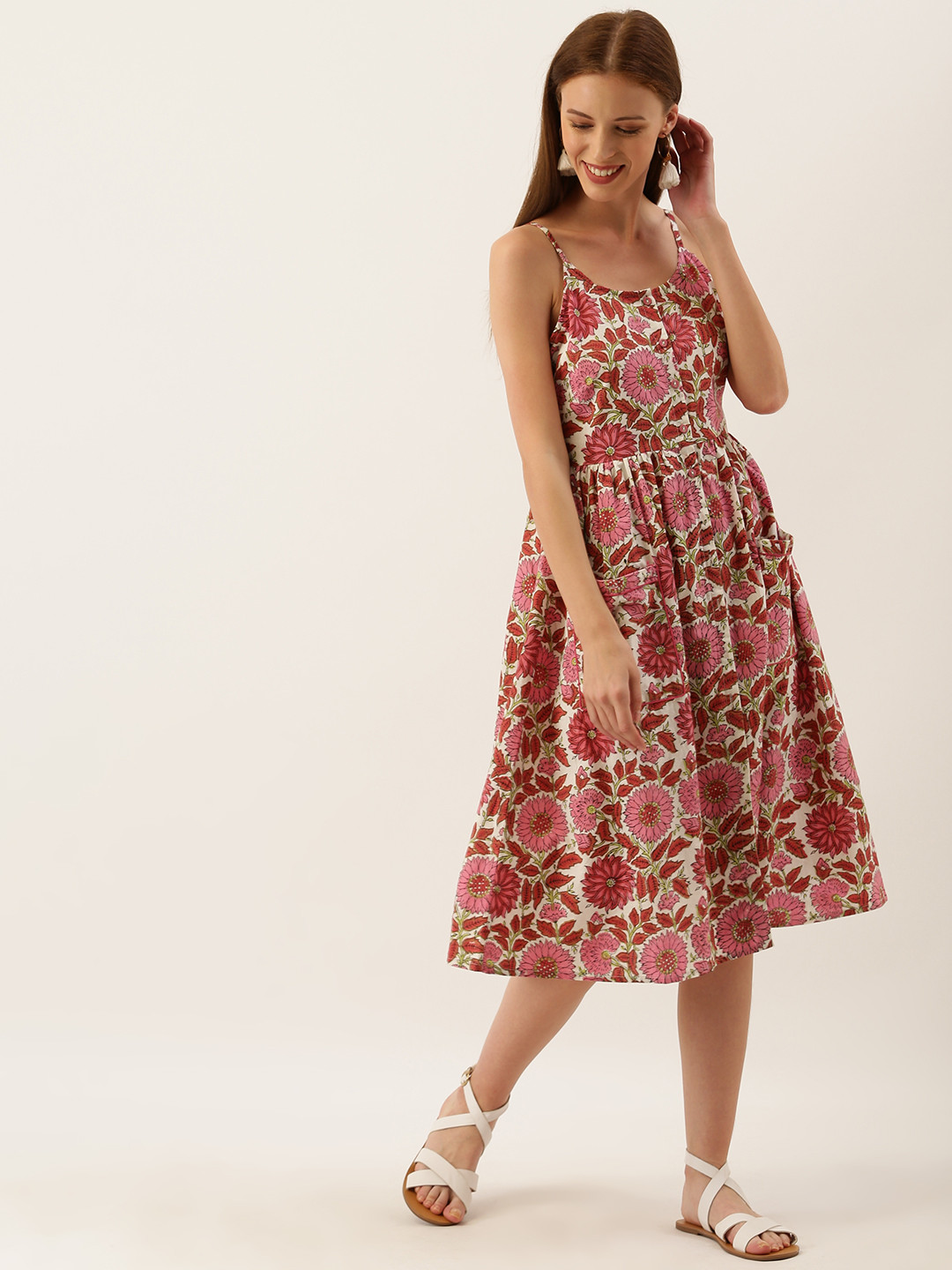 Taavi Off-White & Pink Sanganeri Floral Block Print A-Line Dress with Pockets