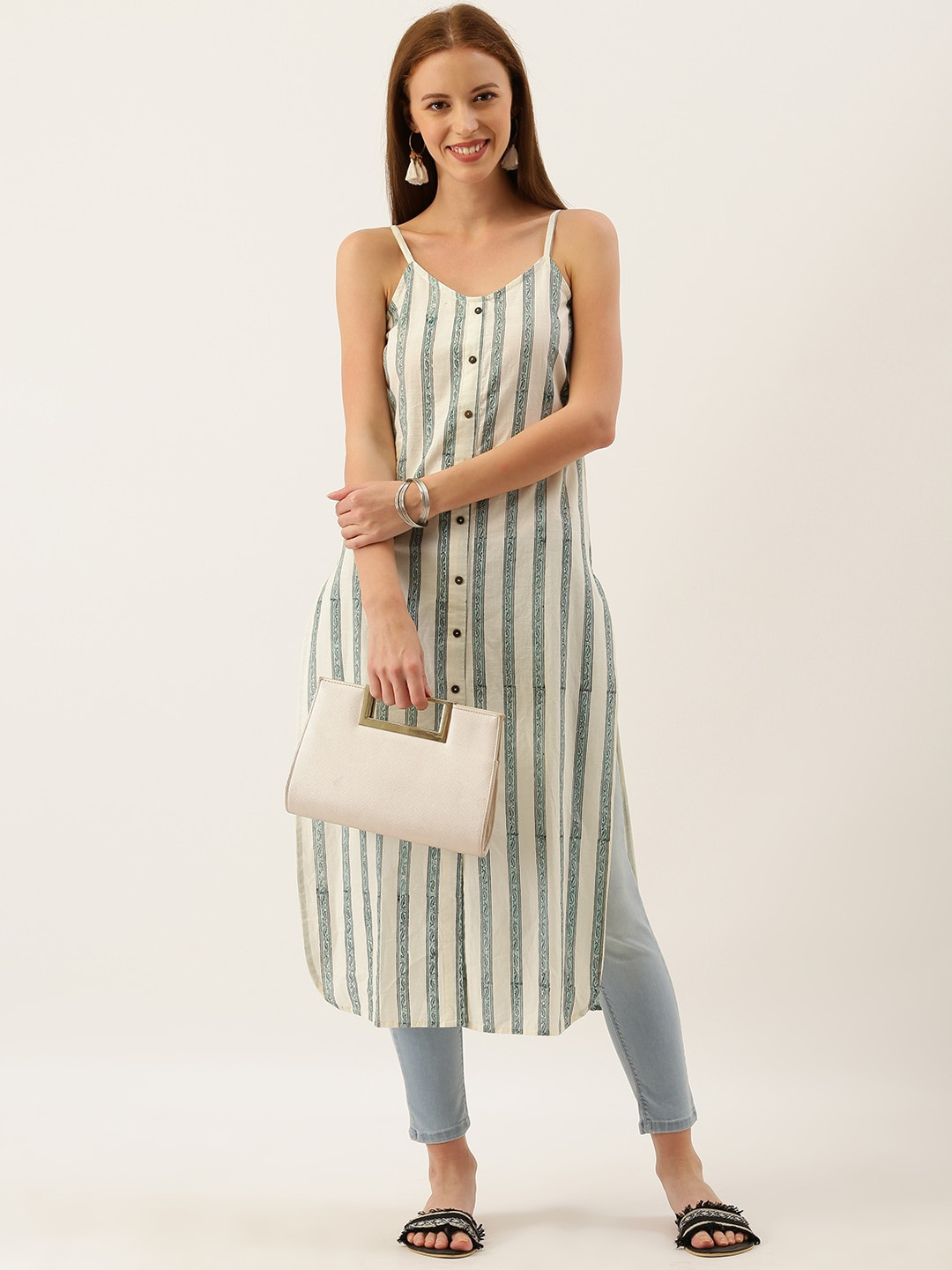 Taavi Women Cream-Coloured & Teal Green Sanganeri Block Print Straight Sustainable Kurta