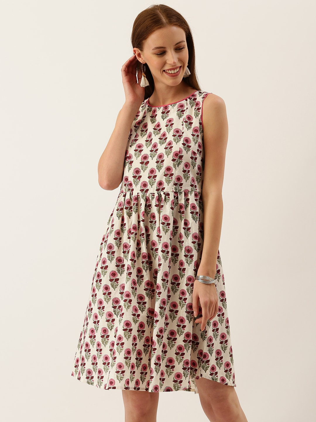 Taavi Women Off-White & Pink Sanganeri Block Print Gathered A-Line Sustainable Dress