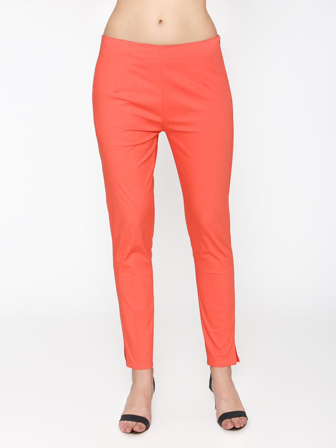 Vami Women Peach-Coloured Classic Regular Fit Solid Cigarette Trousers