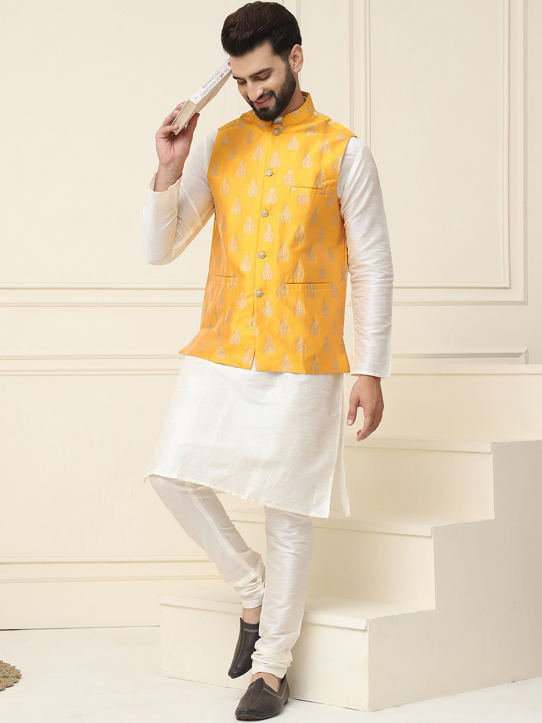 SOJANYA Men Off-White & Mustard Yellow Kurta & Churidar with Woven Design Nehru Jacket