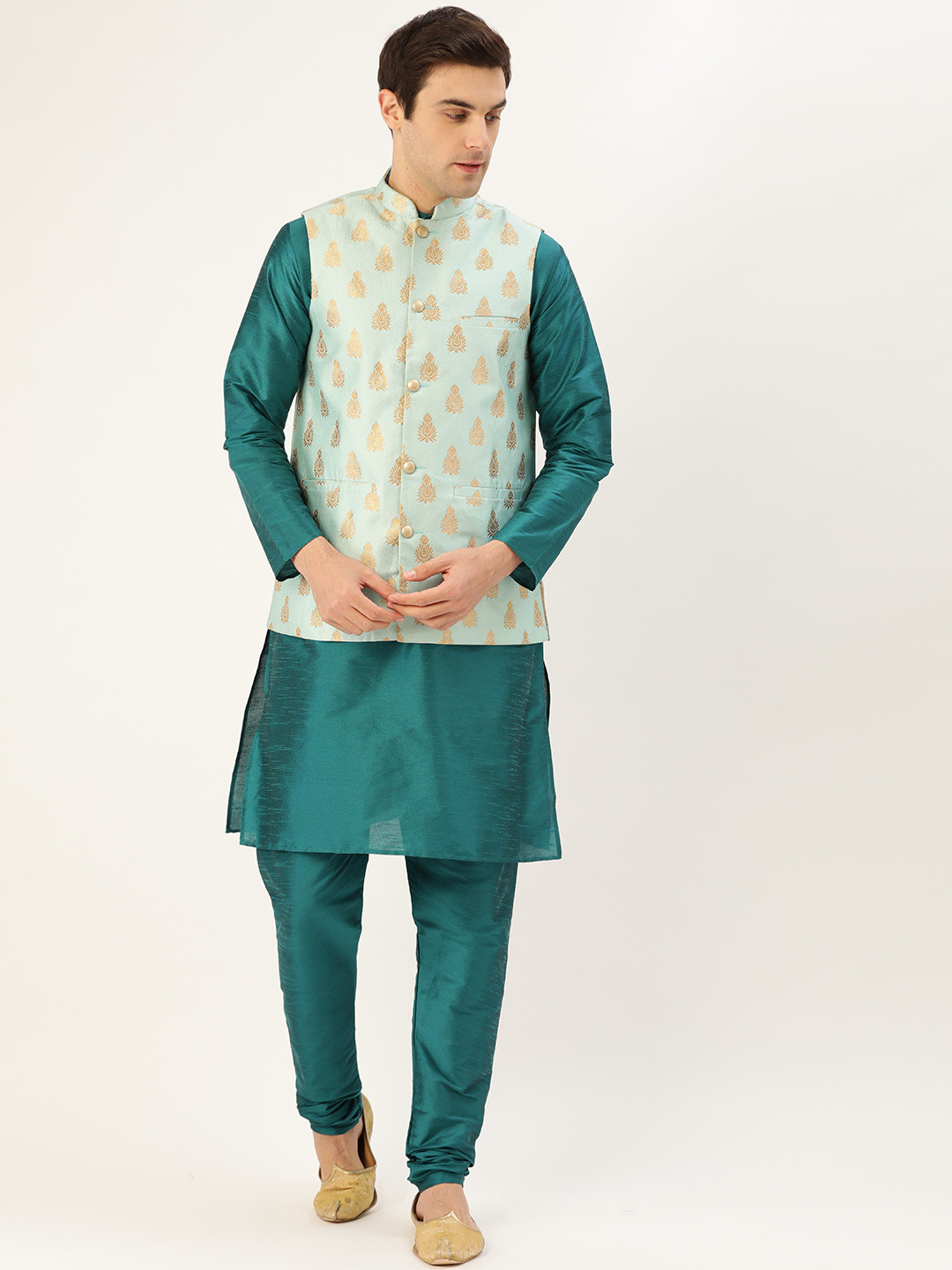 SOJANYA Men Blue & Golden Solid Kurta with Churidar & Nehru Jacket