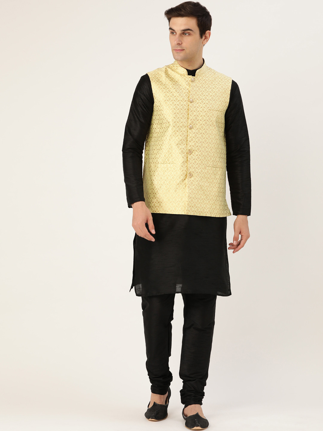 SOJANYA Men Black & Cream-Coloured Self Design Kurta with Churidar & Nehru Jacket