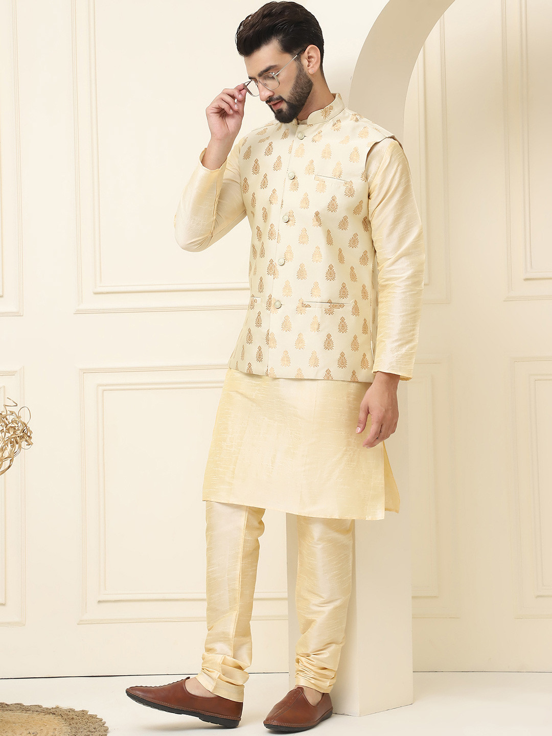 SOJANYA Men Golden & Beige Solid Kurta with Churidar & Nehru Jacket