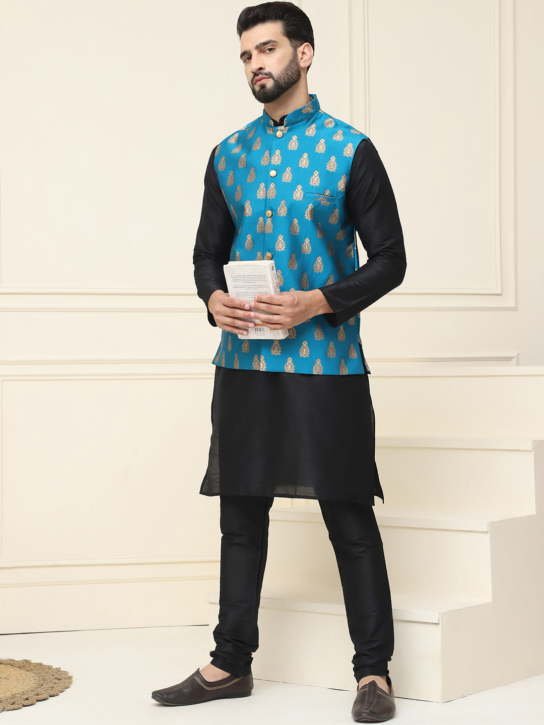SOJANYA Men Black & Teal Blue Solid Kurta with Churidar & Nehru Jacket