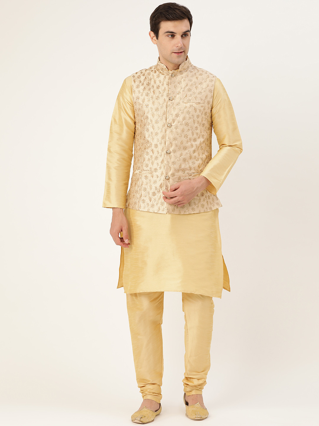 SOJANYA Men Golden Solid Kurta with Churidar & Nehru Jacket