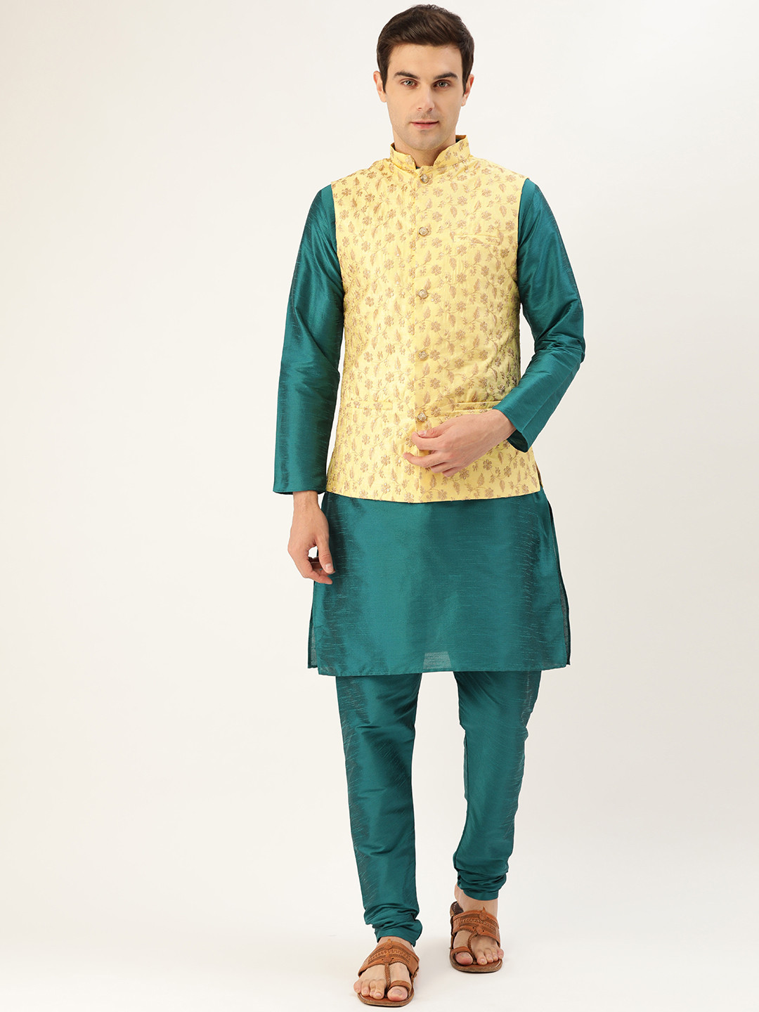 SOJANYA Men Teal Blue & Yellow Solid Kurta with Churidar & Nehru Jacket