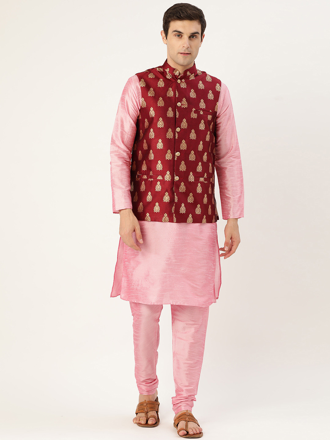 SOJANYA Men Pink & Maroon Solid Kurta with Churidar & Nehru Jacket