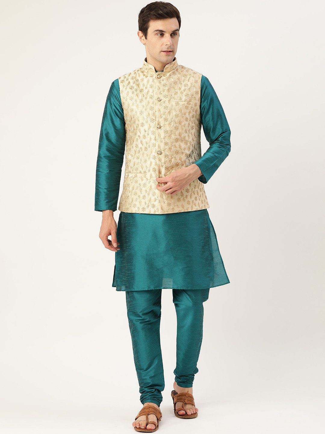 SOJANYA Men Teal Green & Beige Solid Kurta with Churidar & Nehru Jacket