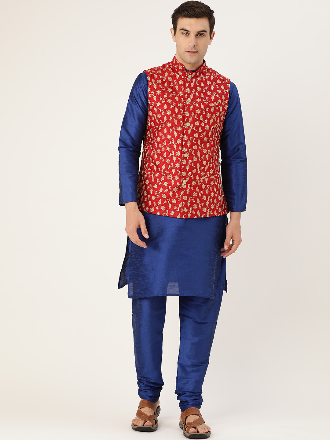 SOJANYA Men Blue & Red Solid Kurta with Churidar & Nehru Jacket