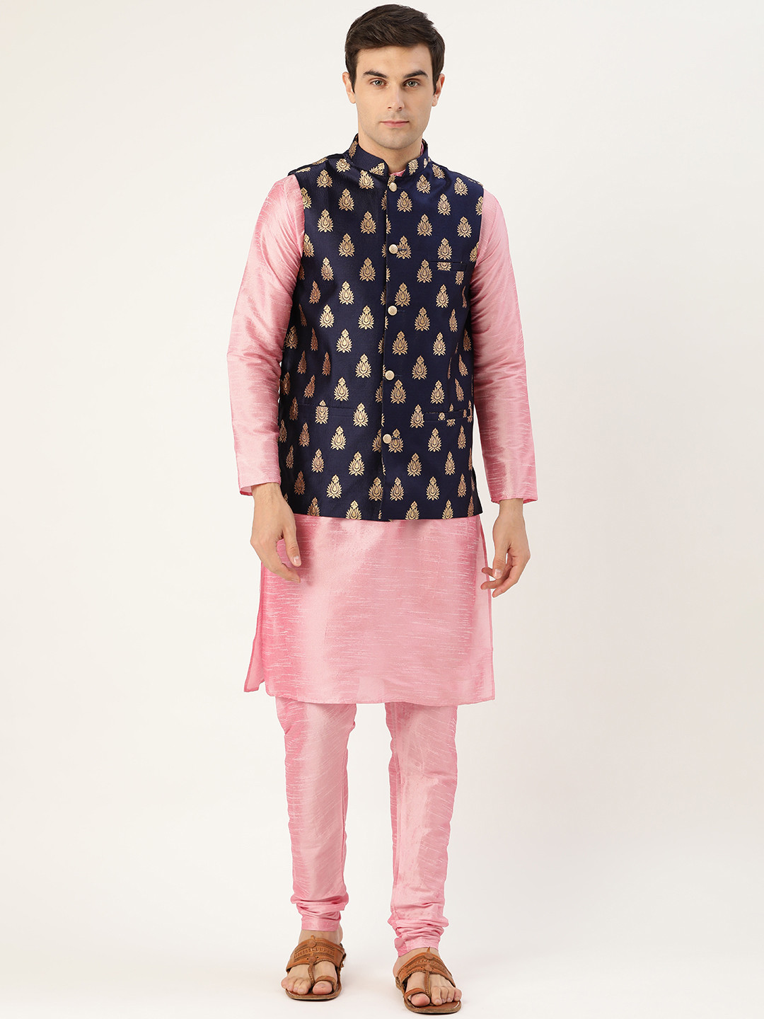 SOJANYA Men Pink & Navy Blue Solid Kurta & Churidar with Woven Design Nehru Jacket