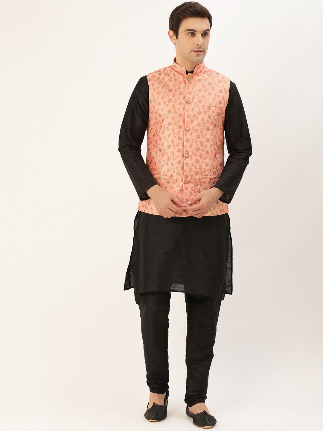 SOJANYA Men Black & Peach-Coloured Solid Kurta with Churidar & Nehru Jacket