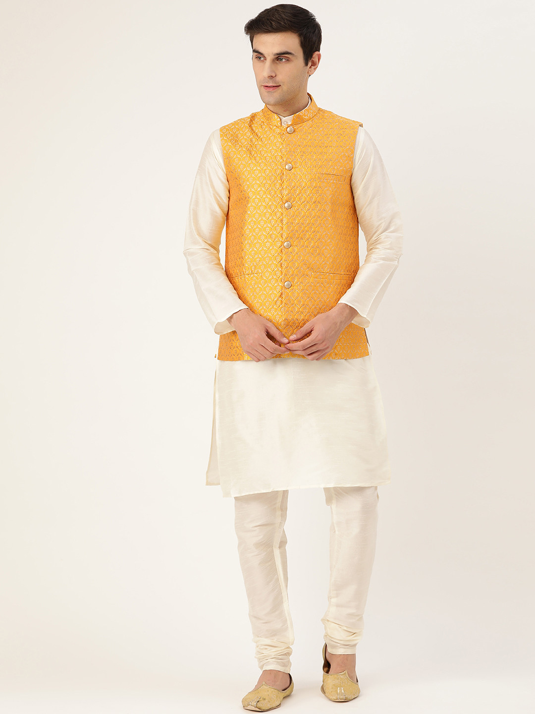SOJANYA Men Off-White & Mustard Yellow Solid Kurta with Churidar & Nehru Jacket