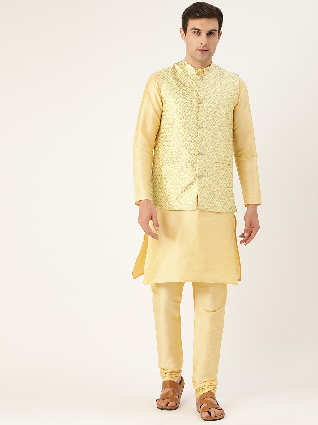 SOJANYA Men Golden & Green Solid Kurta with Churidar & Nehru Jacket