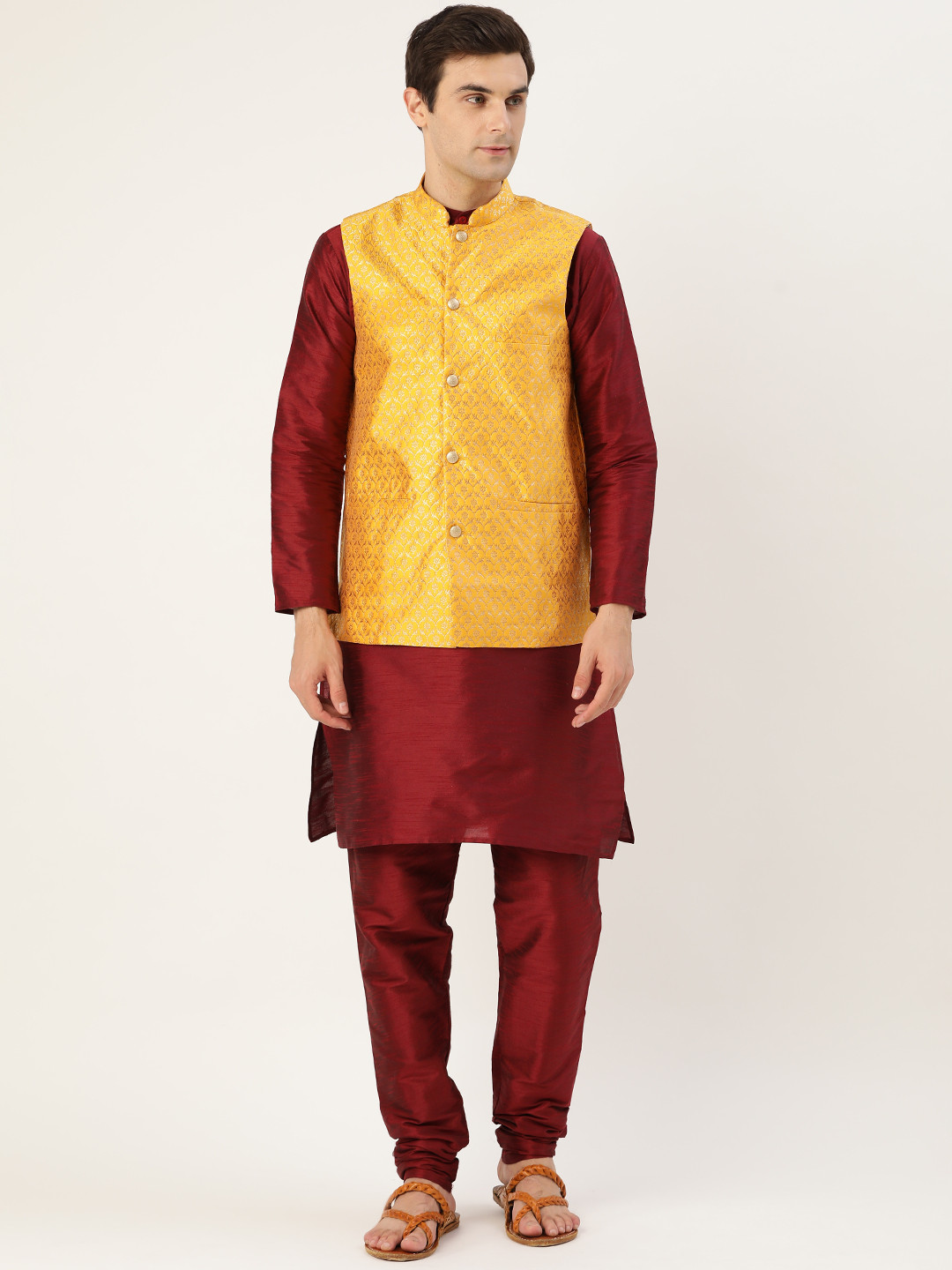 SOJANYA Men Maroon & Mustard Yellow Solid Kurta with Churidar & Nehru Jacket
