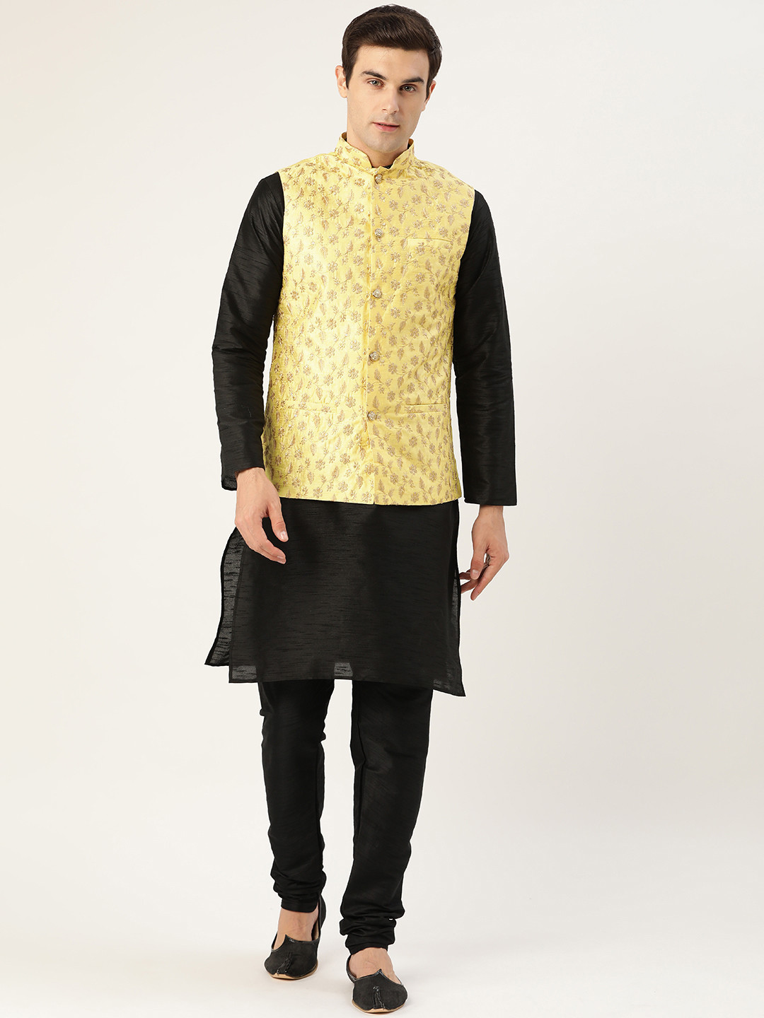 SOJANYA Men Black & Yellow Solid Kurta & Churidar with Embroidered Nehru Jacket