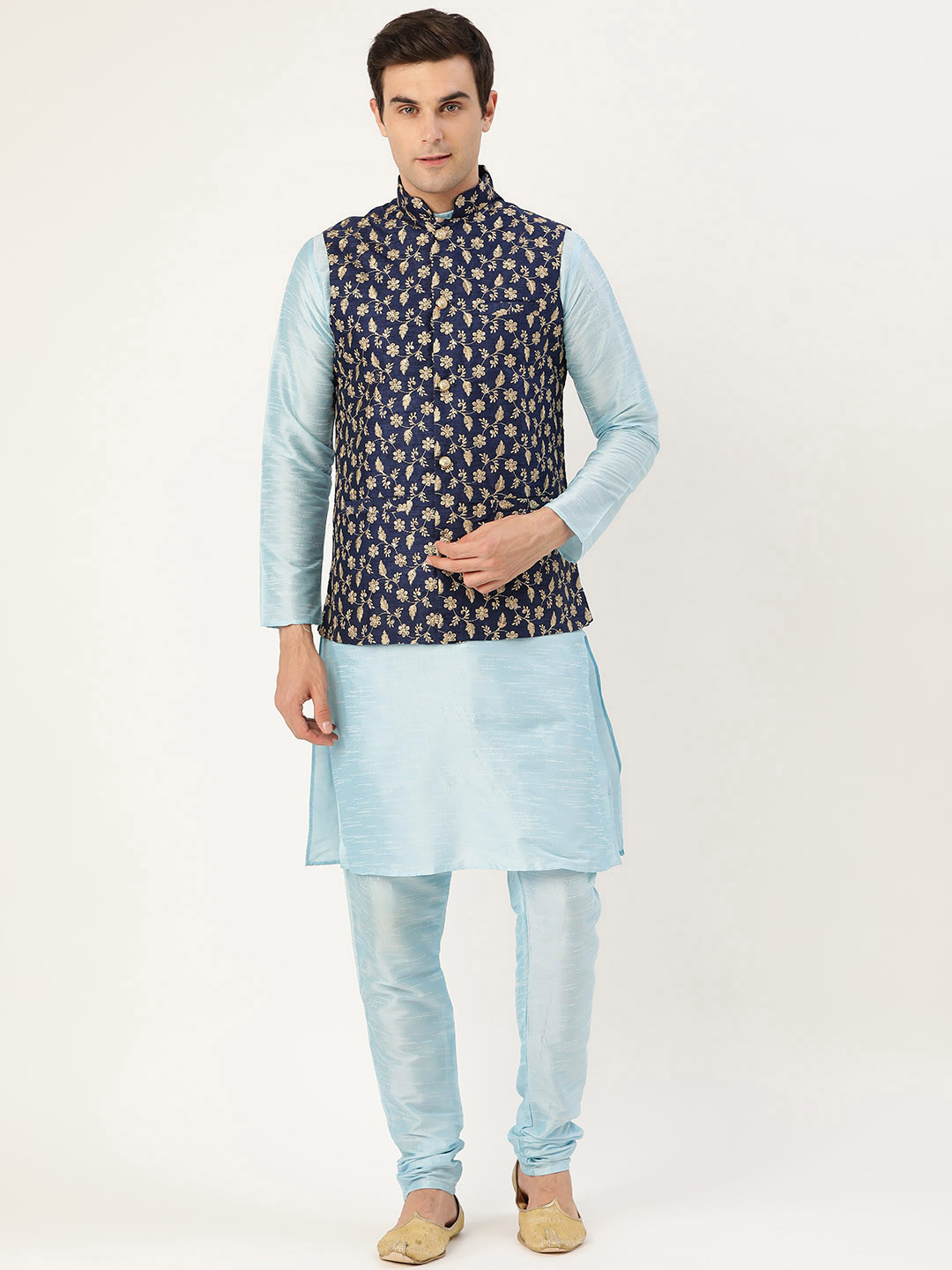 SOJANYA Men Blue & Golden Solid Kurta with Churidar & Nehru Jacket