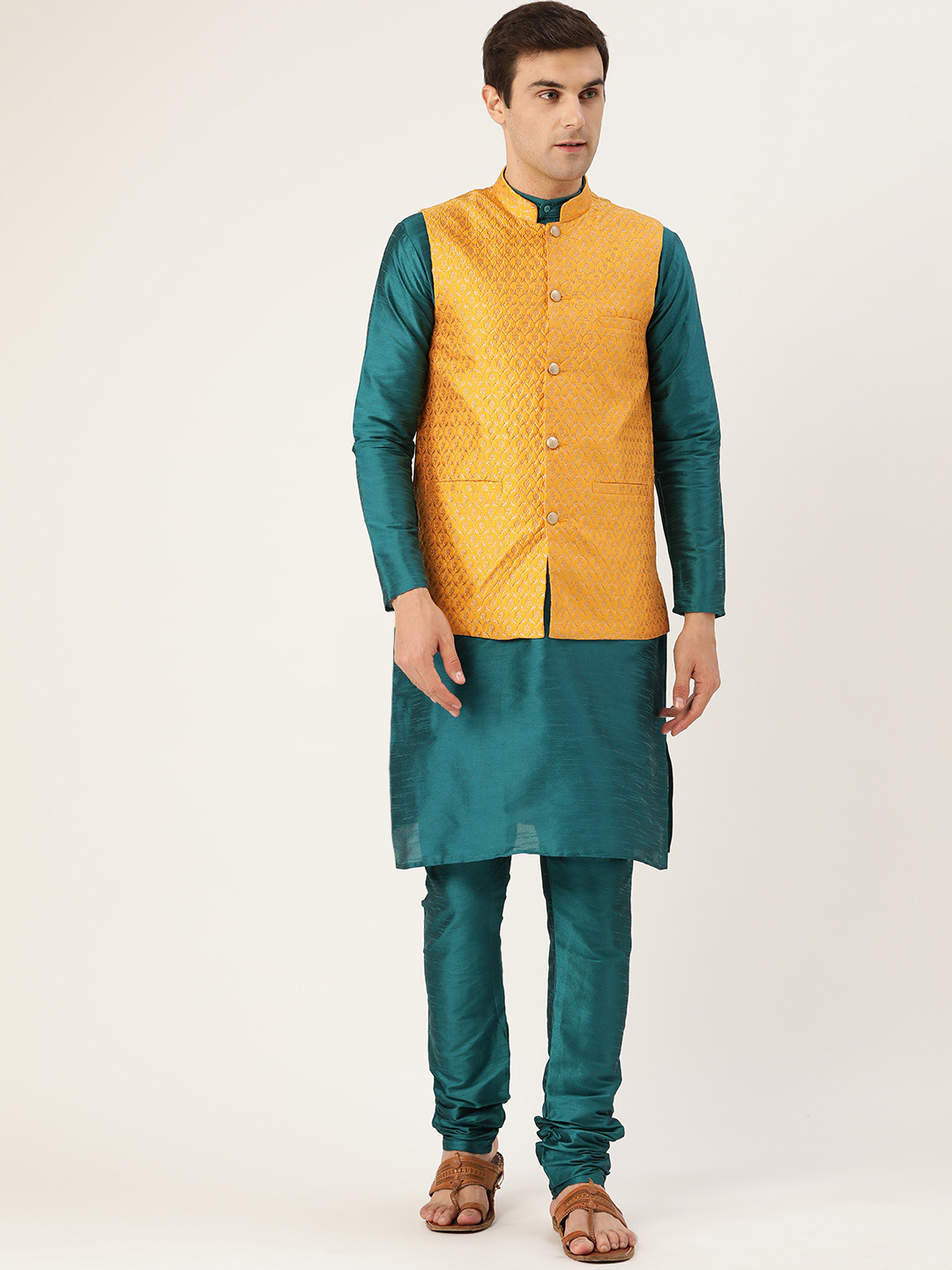 SOJANYA Men Teal Green & Mustard Yellow Solid Kurta with Churidar & Nehru Jacket