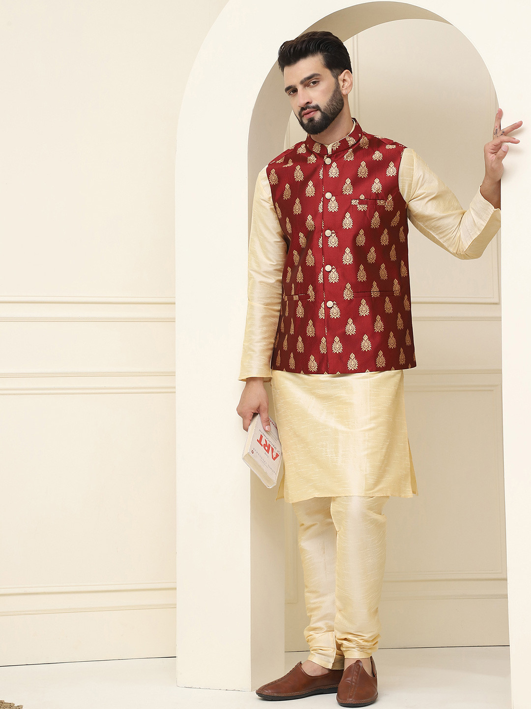 SOJANYA Men Golden & Maroon Solid Kurta with Churidar & Nehru Jacket