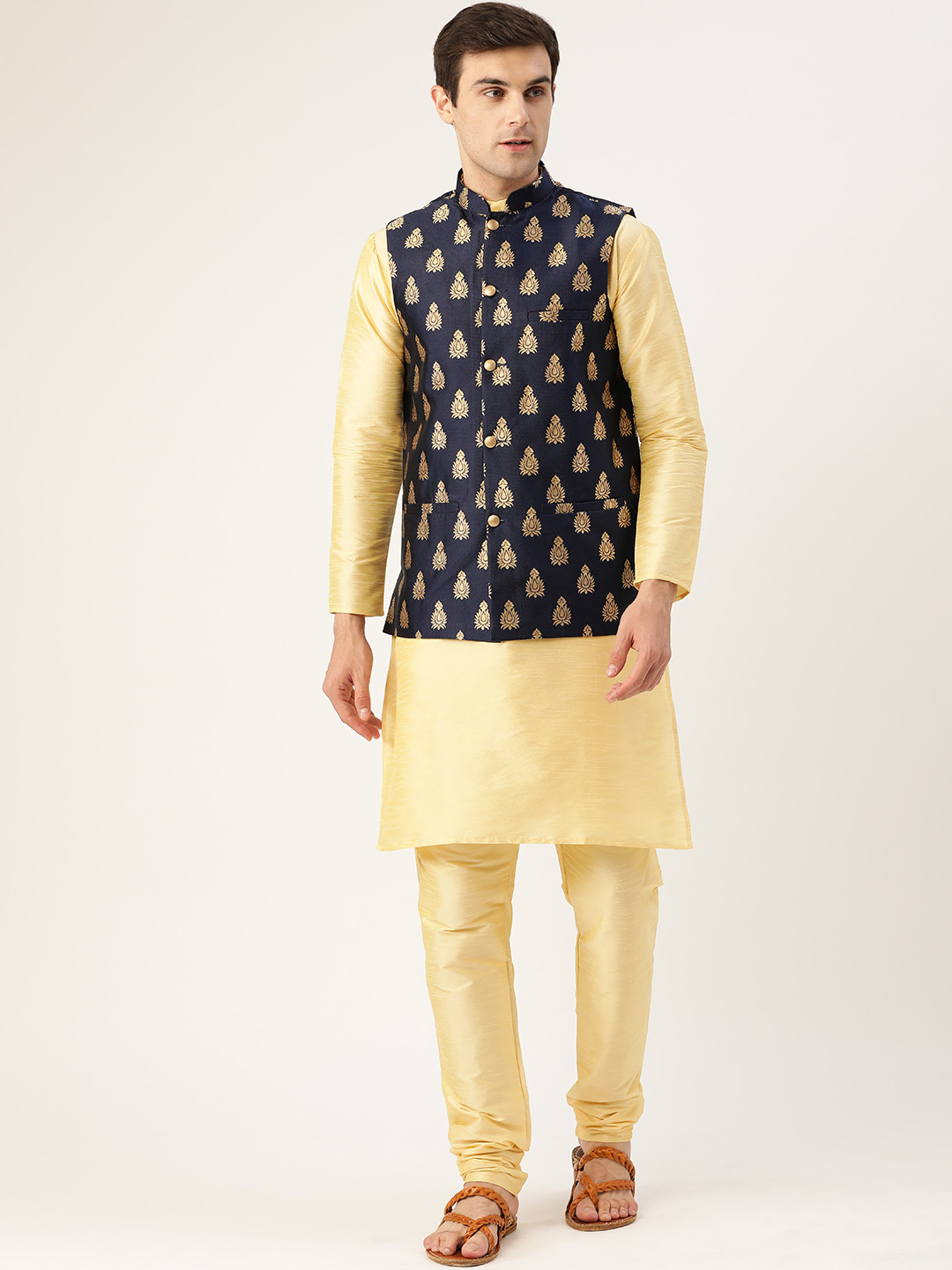SOJANYA Men Golden & Navy Blue Solid Kurta with Churidar & Nehru Jacket